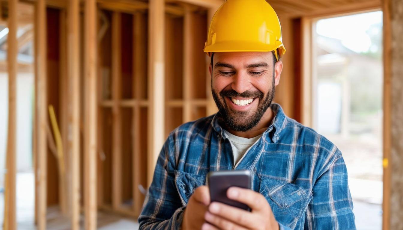 home builder inside renovation on cell phone smiling