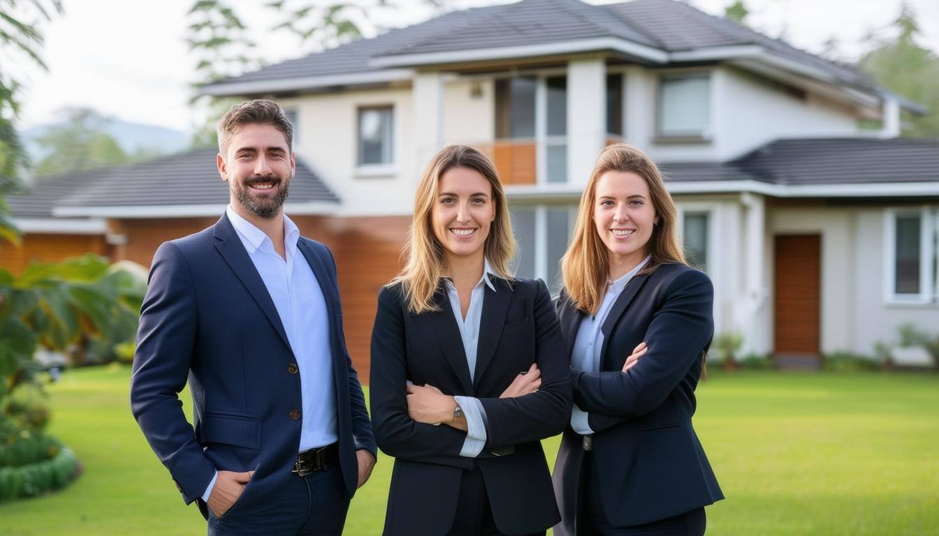 real estate agents in front of house